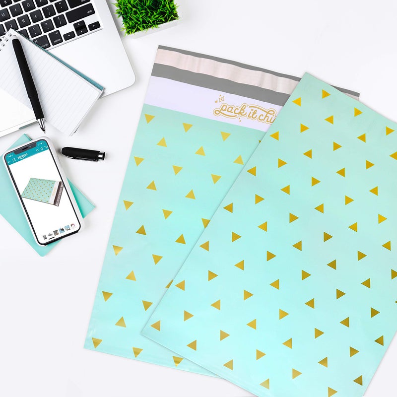 Pack It Chic - 10X13 (100 Pack) Mint Gold Triangles Poly Mailer Envelope Plastic Custom Mailing & Shipping Bags - Self Seal - Image 5